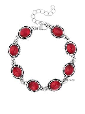 Stainless Steel & Zinc Gothic Red Victorian Link Bracelet with Glass Stones